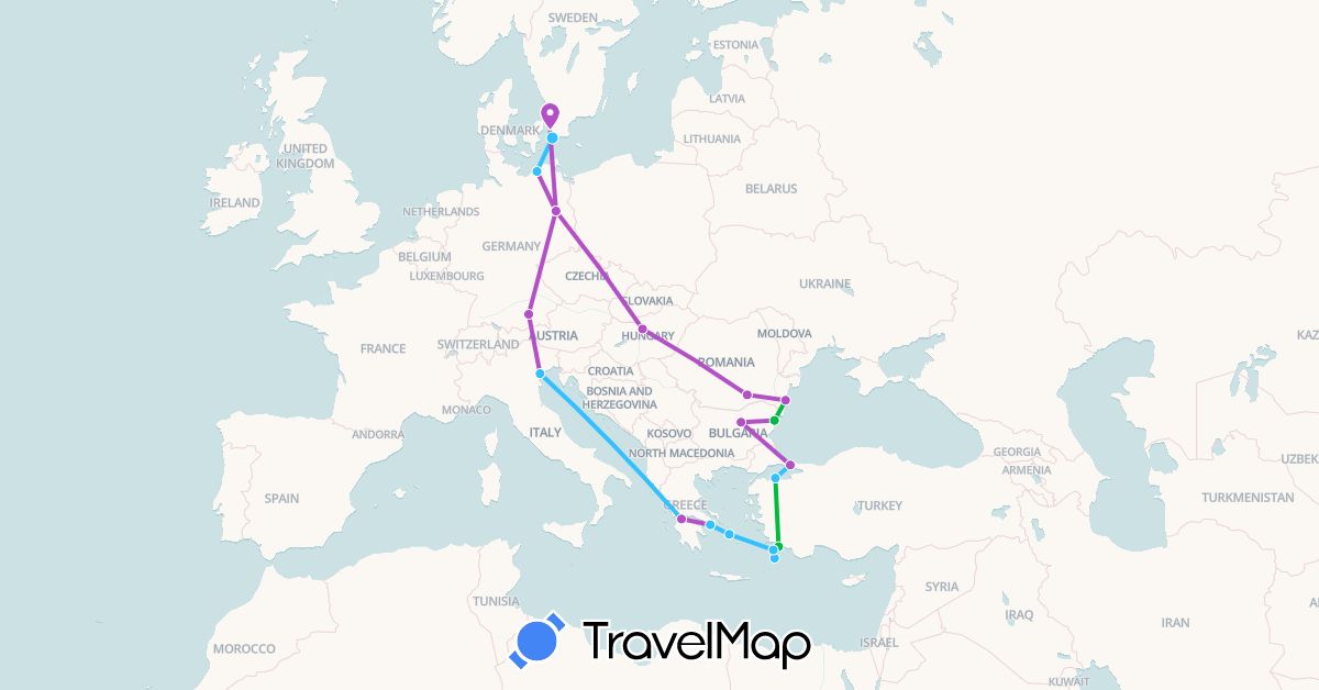 TravelMap itinerary: driving, bus, train, boat in Bulgaria, Germany, Greece, Hungary, Italy, Romania, Sweden, Turkey (Asia, Europe)